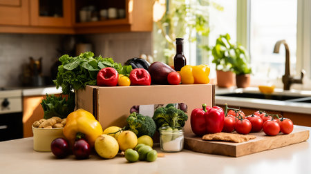 Box full of food in concept delivery and donation box. Cardboard box full of colorful fresh vegetables, fruits and other foodstuffs on the kitchen table. No people. Close-up. Copy space.の素材