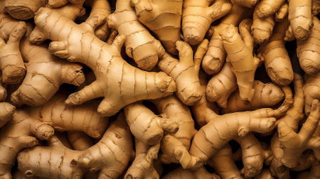 Natural background of fresh and ripe ginger root on market. A delicious quality vegetarian product. Healthy organic eating. Spice. Full frame. Close-up. Top view.の素材