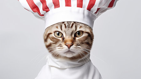 Cute serious gray striped cat in white-red striped chef's hat on gray background. Cat in the form of cook. Copy space. Close-up.の素材