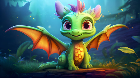 Cute and friendly little green dragon with big eyes and kind smile. Against background of fabulous forest. Cartoon style. Copy space.の素材