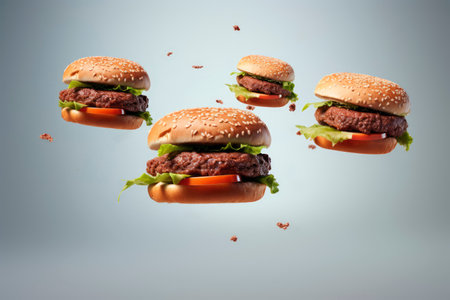 Freshly made three burgers fall on gray background. Creative concept of floating fast food. Background of falling burgers. Levitation of fast food. Close-up. Copy space.の素材