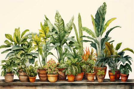 Realistic indoor plants in flower pots on light wall background. Different types of plants with variety of leaf shapes.の素材