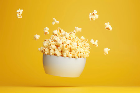 Freshly made crispy popcorn falls in pile on yellow background. Creative concept of floating healthy snacks. Background of falling popcorn. Levitation of snacks. Close-up. Copy space.の素材