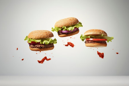 Freshly made three burgers fall on gray background. Creative concept of floating fast food. Background of falling burgers. Levitation of fast food. Close-up. Copy space.の素材