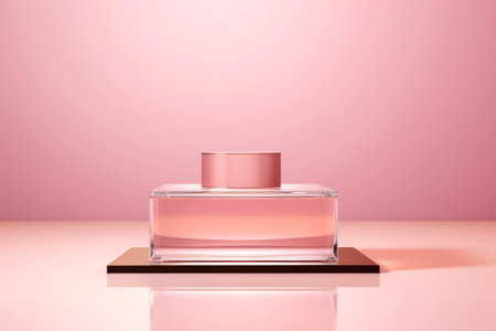 Podium for demonstration of promotional products. Podium layout for perfumes or cosmetics on pink background. Vial mock up. Copy space.の素材