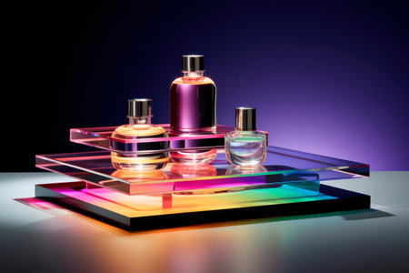 Abstract shapes made of colored transparent glass for product demonstration layout. Bright color podium layout for perfumes or cosmetics on blue background. Vials mock up. Copy space.の素材