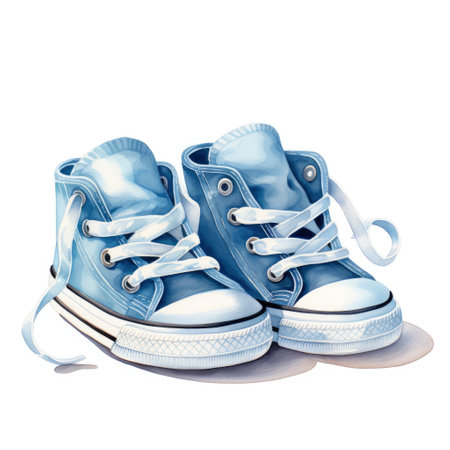 Sketch of light blue sneakers for newborn boy, watercolor drawing, white background, pastel colors. Close-up. Copy space.の素材