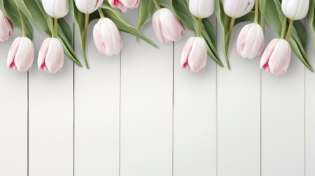 Wooden white background banner with copy space for text and several tulip flowers. For Mother's Day, March 8 international Women's Day, Spring Easter Holiday Concept. Copy space.の素材