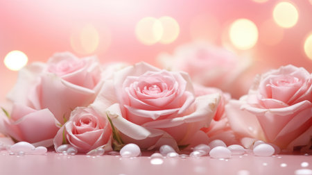 Pink gradient background with pink roses, Festive background banner with bokeh. For Mother's Day, March 8 international Women's Day, birthday, Spring Easter Holiday Concept. Copy space.の素材