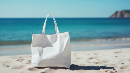Mock-up of empty reusable rectangular canvas bag on sand. Eco-friendly shopping bag made of natural material. Layout for presentation of design or brand. Background of beach, sea blue sky. Copy spaceの素材