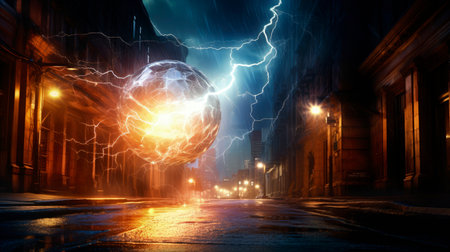 Disintegration, destruction of ball lightning on street of night city. Powerful electrical discharges, plasma clots. Rare and dangerous atmospheric natural phenomenon. Copy space.の素材