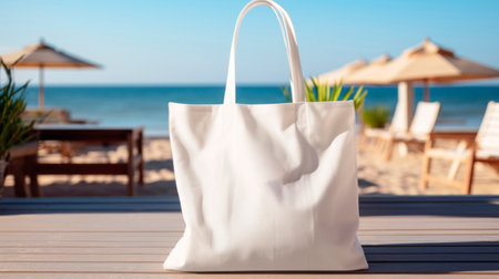 Mock-up of empty reusable rectangular canvas bag. Eco-friendly shopping bag made of natural material. Layout for presentation of design or brand. Background of beach, sea blue sky. Copy spaceの素材
