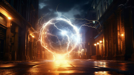 Disintegration, destruction of ball lightning on street of night city. Powerful electrical discharges, plasma clots. Rare and dangerous atmospheric natural phenomenon. Copy space.の素材