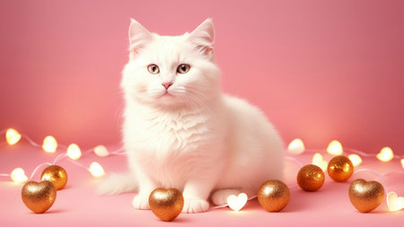 Portrait of cute fluffy white cat among hearts on festive light pink background. Banner for Valentine's Day. Close-up. Copy space.の素材