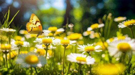 Butterfly in meadow pollinating on yellow flower in nature in rays of sunlight in summer in spring. Picturesque colorful artistic image wildflowers with soft focus. Close-up. Copy space.の素材