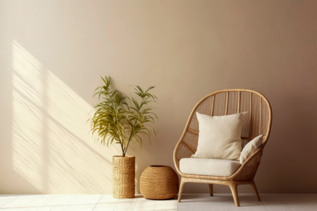 Empty beige wall mockup in boho room interior with wicker armchair with pillow and vase. Natural daylight from window. Mock-up. Copy space.の素材