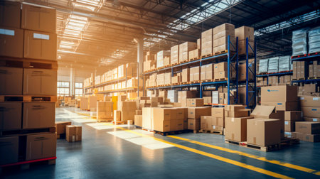 Retail warehouse full of shelves with goods in cardboard boxes with pallets and forklifts. Product distribution center with lot of cartons. Logistics, storage and delivery.の素材