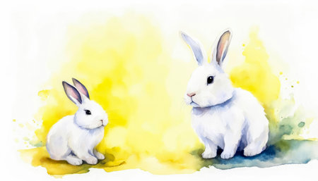 Mother rabbit with small rabbit on white background. Symbol of Easter. Watercolor drawing. Copy space.の素材