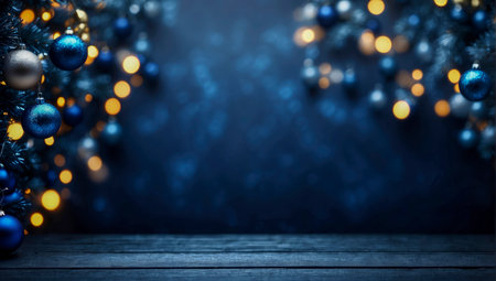 Christmas blue balls on blue background. Colorful festive bokeh in New Year or Christmas style. Copy space.の素材