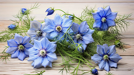 Several blue gentle nigella flowers placed on white wooden background with space for text. Conceptual symbol spring. Beautiful wildflower. Copy space.の素材