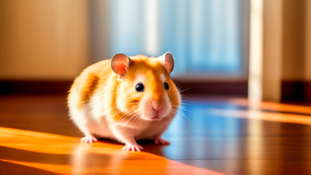 One cute little pet hamster on floor in room flooded with light. Concept of animal care. Close-up. Copy space.の素材