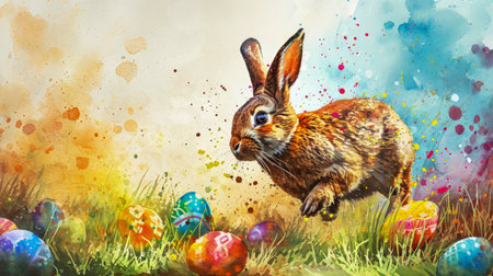 Jumping gray fluffy bunny and easter colorful eggs on along green spring grass against background of blue sky with fluffy clouds. Main conceptual symbols of Easter. Watercolor drawing. Copy space.の素材