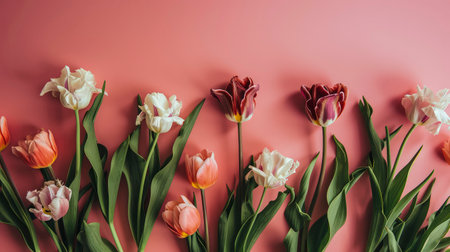 Fresh spring colorful tulips. Spring flowers flat lay on dark pink background and place for text. Festive concept for Valentine's Day or Mother's Day. Top view. Copy space.の素材