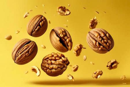 Walnuts and shards of shell fall in pile on light yellow background. Creative concept of floating healthy snacks. Levitation of nuts. Close-up. Copy space.の素材