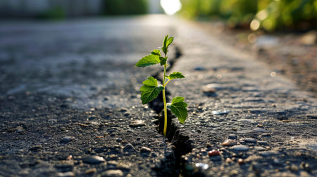 One young sprout breaks through hard surface of asphalt, tearing it, creating cracks, symbolizing strength and determination. Life persistently breaks out, making its way to light and opportunities.の素材