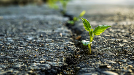 One young sprout breaks through hard surface of asphalt, tearing it, creating cracks, symbolizing strength and determination. Life persistently breaks out, making its way to light and opportunities.の素材