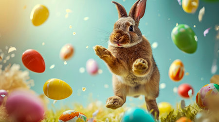 Jumping gray fluffy bunny and flying easter colorful eggs on along green spring grass against background of blue sky. Main conceptual symbols of Easter. Copy space.の素材