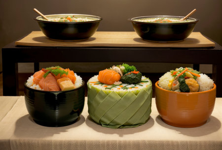 Several original and delicious Asian dishes with fish, seafood, rice and vegetables. Copy space.の素材