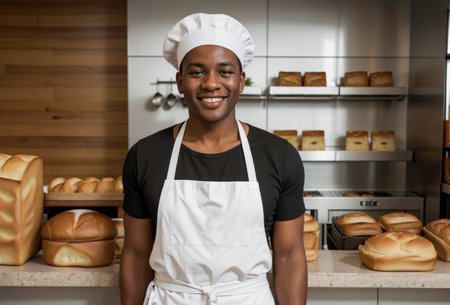 Black male baker in white hat and apron on background of shelves with freshly baked bread and rolls in bakery store. Happy smiling baker sells his products. Copy space. Mock-up.の素材