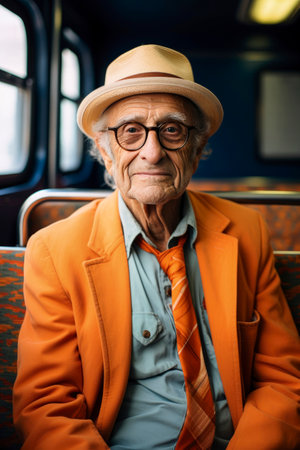 Portrait of beautiful elderly man in stylish bright clothes, she sitting on seat on bus. Self-sufficient, self-confident gray-haired retired modern man.の素材