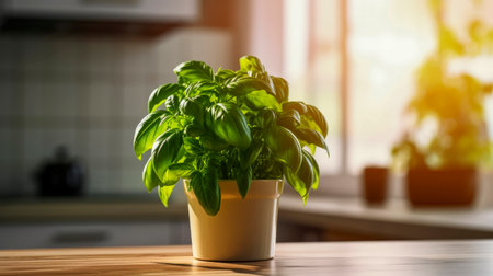 Green basil seedlings in a ceramic pot on the kitchen table. Bright sunlight illuminates green aromatic plant. Concept of gardening, growing herbs. Harvest on the windowsill. Close-up.の素材
