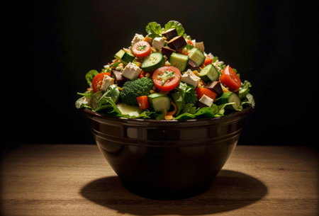 Large ceramic bowl with Greek salad on wooden table, on dark background. Neatly chopped vegetables: tomatoes, cucumbers, lettuce leaves. Diet food, Mediterranean diet. Overhead lighting. Copy space.の素材