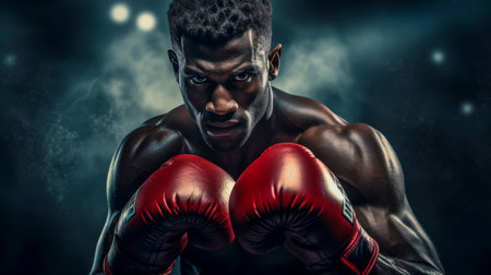 Portrait handsome black powerful muscular fighter boxer in close-up on his face and boxing gloves, under bright spotlight in ring. Boxer looks directly into camera. Blurred background. Copy space.の素材