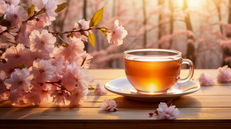 Freshly brewed tea in glass cup on wooden table with lots of cherry blossoms. Healthy drink. Blurred spring background. Sakura blossoms. Natural light, at sunset.の素材