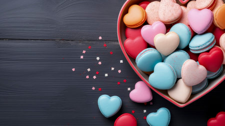 Lots of colorful decorated cookies in the shape of a heart. Top view. Complete filling of frame. Sweets for any holiday or celebration: birthday, Valentine's day, women's day, mother's day, wedding.の素材