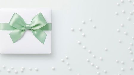 Blank white gift card with a green ribbon bow on a gray background with minimal shadow and conceptual design. Copy space.の素材