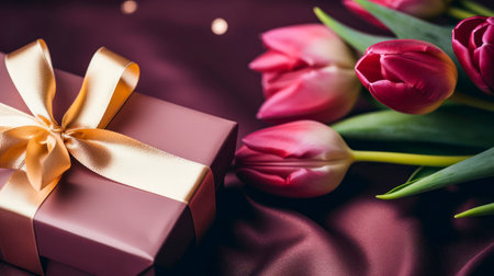 Luxurious gift tied with satin ribbon with bow on background of purple fabric with tulips. Gift for any holiday or celebration: birthday, Valentine's day, women's day, wedding. Copy space.の素材