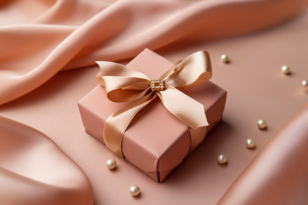 Luxurious gift tied with satin ribbon with bow on background of peach fabric. Beautiful drapery. Gift for any holiday or celebration: birthday, Valentine's day, women's day, wedding. Copy space.の素材