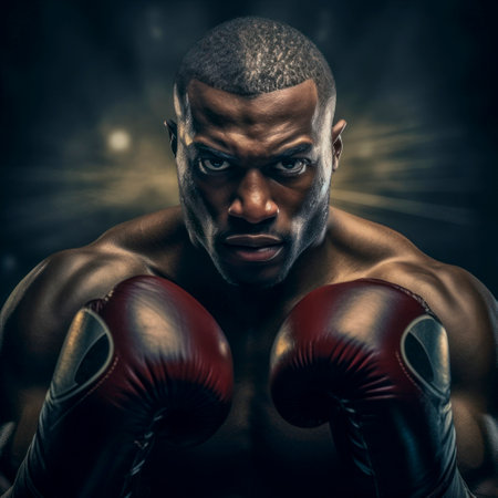 Portrait handsome black powerful muscular fighter boxer in close-up on his face and boxing gloves, under bright spotlight in ring. Boxer looks directly into camera. Blurred background. Copy space.の素材