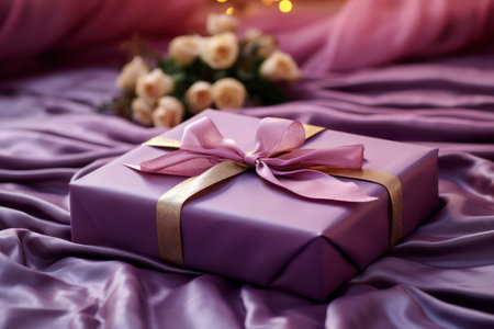 Luxurious gift tied with satin ribbon with bow on background of purple fabric. Beautiful drapery. Gift for any holiday or celebration: birthday, Valentine's day, women's day, wedding. Copy space.の素材
