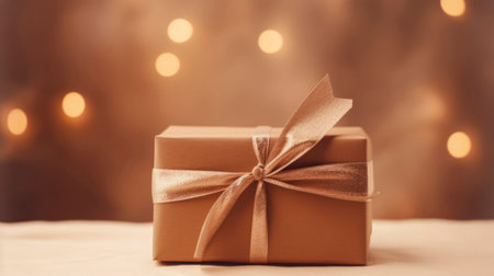 Gift brown box tied with satin ribbon, on festive pink background with bokeh. Gift for holiday or celebration: birthday, Valentine's day, women's day, wedding. Copy space.の素材