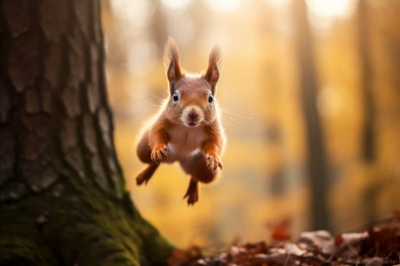 Cute little squirrel is jumping on the backdrop of blurry summer forest. Animal from the forest is running through the summer forest, jumps up, looks at the camera, and hangs in mid-air. Close-up.の素材