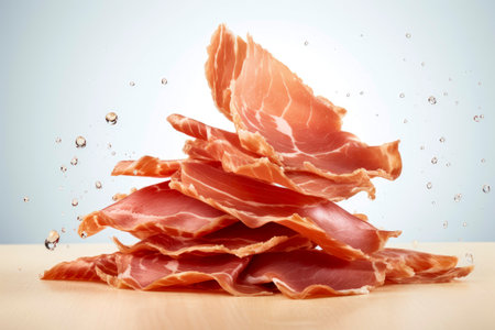 Sliced ham fall in pile on light gray background. Creative concept of floating healthy delicious luxury prosciutto. Dried bacon. Levitation of snacks. Close-up. Copy space.の素材