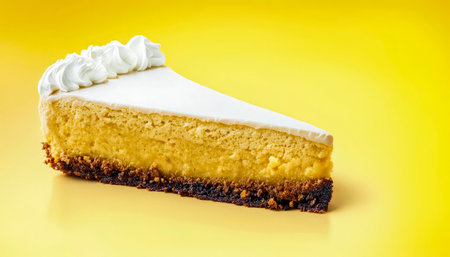 Piece of delicious layered cake on yellow background. Sweet dessert Copy space. Close up.の素材