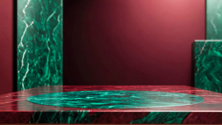 Modern round green malachite empty podium for cosmetic or product on festive green and maroon background. Gradient wall, stage studio. Advertisement, 3d, award luxury, blurred shadow. Copy space.の素材