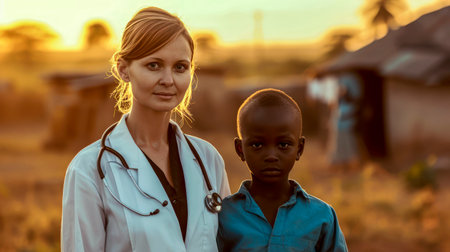 Female Caucasian doctor pediatrician stands in village next to black small boy against the background of African sunset. Taking care of children's health. Copy space. Close up.の素材